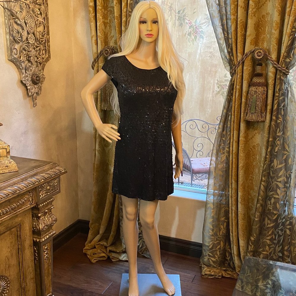 Black Sequin Shift Dress by LC